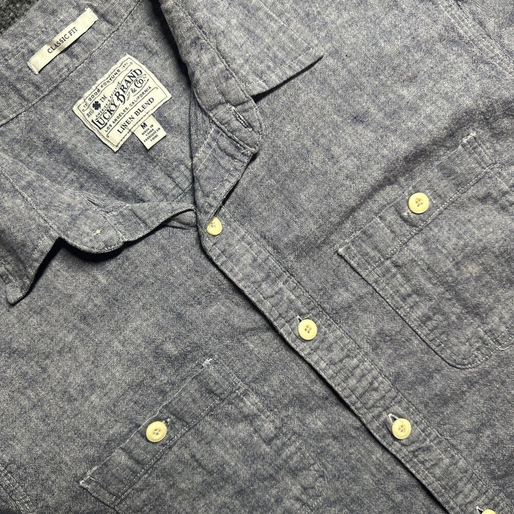 Lucky Brand Button Up Shirt Men's M Blue Excellent Linen Cotton Short Sleeve Top